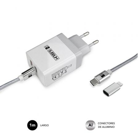 Cargador de pared subblim subchg-3wpd10/ 1xusb tipo-c/ 1xusb/ cable usb tipo-c + adaptador lightning/ 25w/ blanco