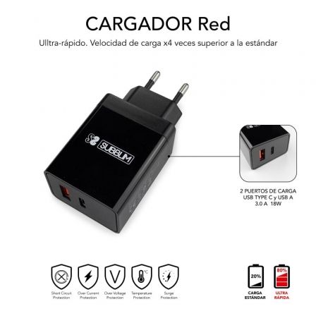 art_sub-carga-chg-3wpd11_3 Cargador de pared subblim subchg-3wpd11/ 1xusb tipo-c/ 1xusb/ cable usb tipo-c + adaptador lightning/ 25w/ negro
