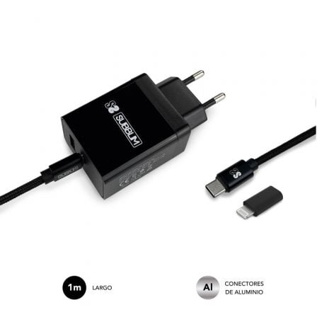 art_sub-carga-chg-3wpd11_4 Cargador de pared subblim subchg-3wpd11/ 1xusb tipo-c/ 1xusb/ cable usb tipo-c + adaptador lightning/ 25w/ negro