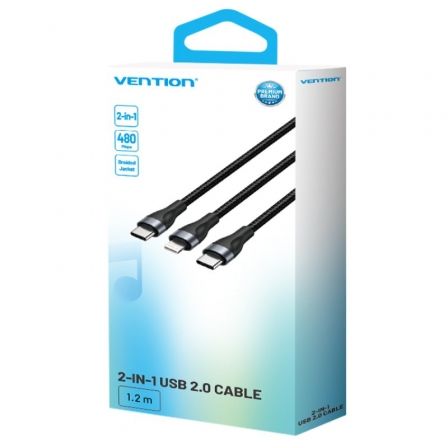 Cable usb tipo-c vention h17bav/ usb tipo-c macho - lightning macho/ usb tipo-c macho/ 60w/ 480mbps/ 1.2m/ negro