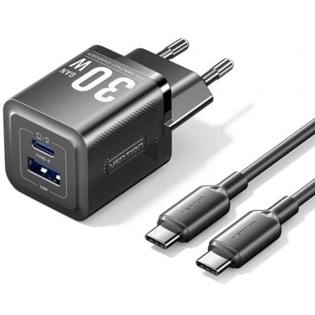 art_ven-carga-tz-feqb0-eu-01_1 Cargador de pared gan vention tz-feqb0-eu-01/ 1xusb tipo-c/ 1xusb + cable usb tipo-c/ 30w