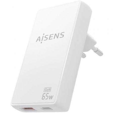 Cargador de pared gan aisens asch-65w2p076-w/ 1xusb tipo-c/ 1xusb/ 65w/ blanco