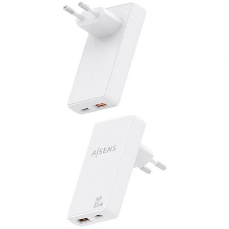 Cargador de pared gan aisens asch-65w2p076-w/ 1xusb tipo-c/ 1xusb/ 65w/ blanco