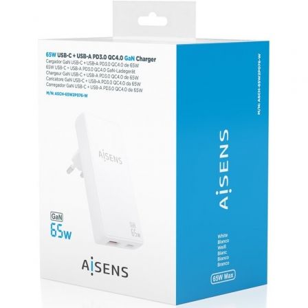Cargador de pared gan aisens asch-65w2p076-w/ 1xusb tipo-c/ 1xusb/ 65w/ blanco