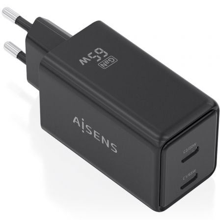 Cargador de pared gan aisens asch-65w2p079-bk/ 2xusb tipo-c/ 65w/ negro