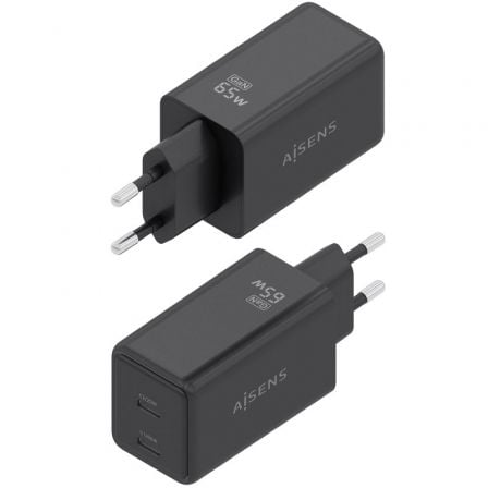 Cargador de pared gan aisens asch-65w2p079-bk/ 2xusb tipo-c/ 65w/ negro