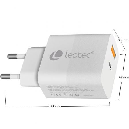 Cargador de Pared Leotec LECSPH20W2W2/ 1xUSB Tipo-C/ 1xUSB/ 20W