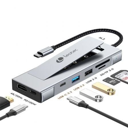Docking USB Tipo-C Leotec LEDS07/ Ranura SSD M.2/ 2xUSB/ 1xUSB Tipo-C/ 1xHDMI 4K/ 1xLector Tarjetas SD y MicroSD/ 1xUSB Tipo-C PD