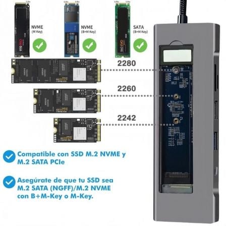 Docking USB Tipo-C Leotec LEDS07/ Ranura SSD M.2/ 2xUSB/ 1xUSB Tipo-C/ 1xHDMI 4K/ 1xLector Tarjetas SD y MicroSD/ 1xUSB Tipo-C PD