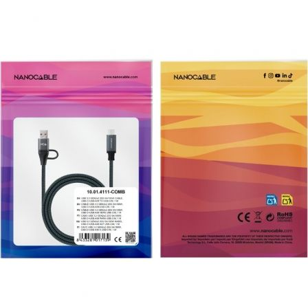 Cable USB 3.2 Tipo-C Nanocable 10.01.4111-COMB/ USB Tipo-C Macho + USB Macho - USB Tipo-C Macho/ Hasta 100W/ 20Gbps/ 1m/ Gris y Negro