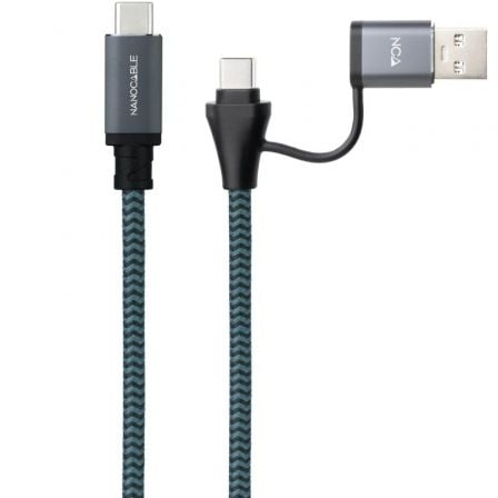 Cable USB 3.2 Tipo-C Nanocable 10.01.4111-L150-COMB/ USB Tipo-C Macho + USB Macho - USB Tipo-C Macho/ Hasta 100W/ 20Gbps/ 1.5m/ Gris y Negro