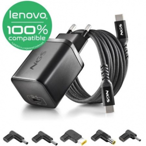 Cargador de portátil gan ngs bud65w-l para lenovo/ 1xusb tipo-c/ 65w/ automático/ 5 conectores/ voltaje 5-20v