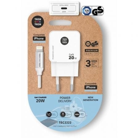 Cargador de Pared Tech One Tech TEC2222/ 1xUSB Tipo-C + Cable Lightning/ 20W/ Blanco
