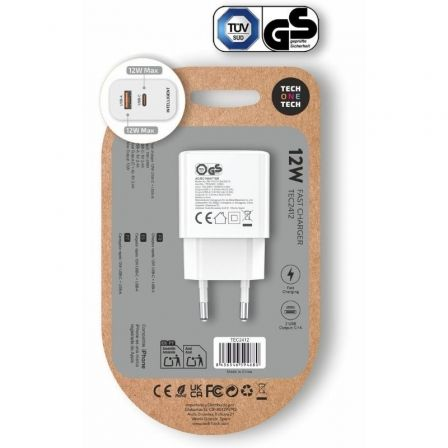 Cargador de Pared Tech One Tech TEC2412/ 1xUSB Tipo-C/ 1xUSB/ 12W/ Blanco