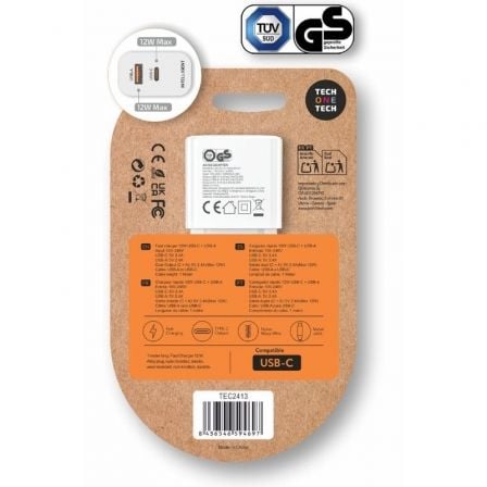 Cargador de Pared Tech One Tech TEC2413/ 1xUSB Tipo-C/ 1xUSB + Cable USB Tipo-C/ 12W/ Blanco