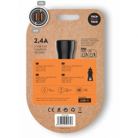 Cargador de Coche Tech One Tech TEC2803/ 2xUSB + Cable USB Tipo-C/ 12W
