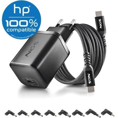 Cargador de Portátil GaN NGS BUD65W-H para HP/ 1xUSB Tipo-C/ 65W/ Automático/ 8 Conectores/ Voltaje 5-20V