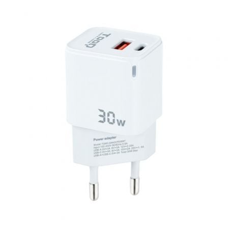 Cargador de Pared GaN TooQ TQWC-GANQCPD30WT/ 1xUSB Tipo-C/ 1xUSB/ 30W