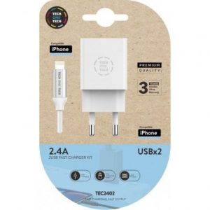 Cargador de Pared Tech One Tech TEC2402/ 2xUSB + Cable Lightning/ 12W/ Blanco