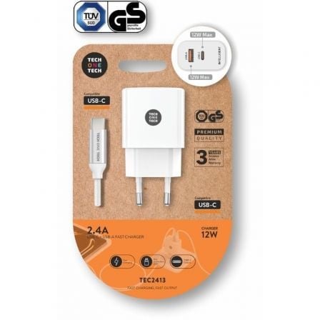 art_tot-car-tec2413_1 Cargador de Pared Tech One Tech TEC2413/ 1xUSB Tipo-C/ 1xUSB + Cable USB Tipo-C/ 12W/ Blanco