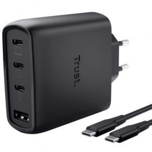 art_tru-carga-maxo-65w-bk-3c-1a_1 Cargador de Pared GaN Trust Maxo 65W 26067/ 3xUSB Tipo-C/ 1xUSB/ Incluye Cable USB Tipo-C/ 65W