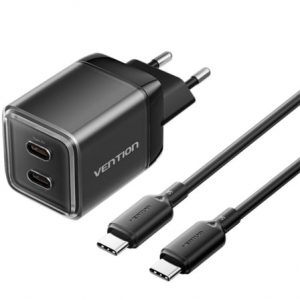 art_ven-carga-tz-fcfb0-eu_1 Cargador de Pared GaN Vention TZ-FCFB0-EU/ 2xUSB Tipo-C + Cable USB Tipo-C/ 45W