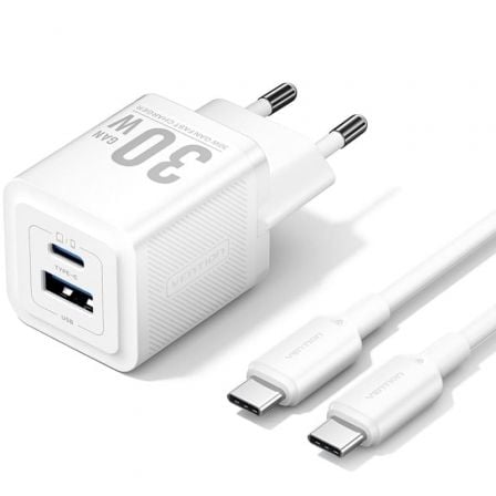 art_ven-carga-tz-feqw0-eu-01_1 Cargador de Pared GaN Vention TZ-FEQW0-EU-01/ 1xUSB Tipo-C/ 1xUSB + Cable USB Tipo-C/ 30W