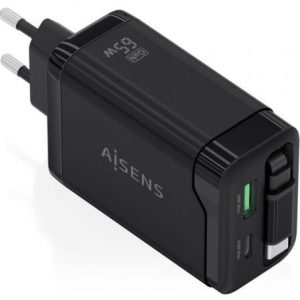 art_ais-carga-asch-65w3p071-bk_1 Cargador de Pared GaN Aisens ASCH-65W3P071-BK/ 1xUSB Tipo-C/ 1xUSB/ 65W/ Negro