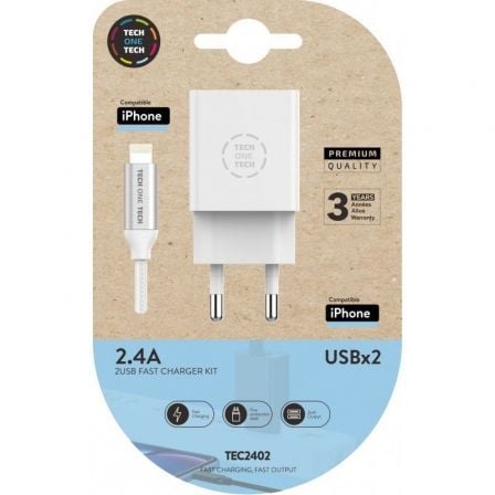 art_tot-car-tec2402_1 Cargador de Pared Tech One Tech TEC2402/ 2xUSB + Cable Lightning/ 12W/ Blanco